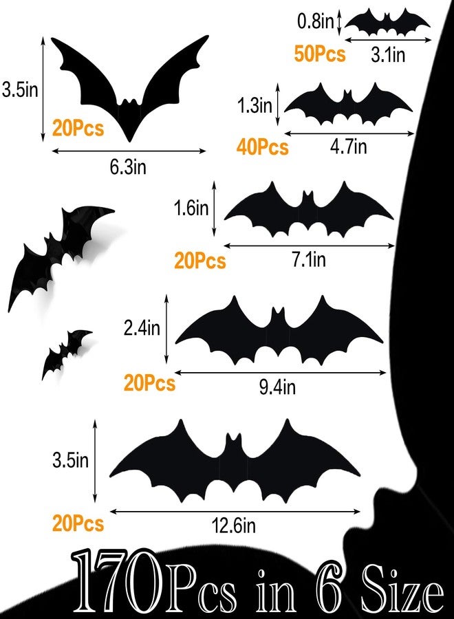 NEWMIAO 3D Bats Wall Decor, 170Pcs Bat Halloween Decorations, 6 Sizes Bats Windows Stickers, PVC Black Bat Stickers Halloween Party Supplies for DIY Home Wall Decals Hallowmas Indoor Decor - Image 2